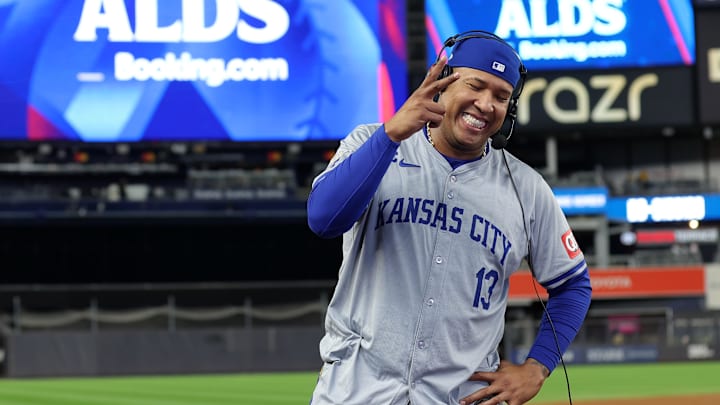 Kansas City Royals catcher Salvador Perez (13) speaks to the media after game two of the ALDS against the New York Yankees for the 2024 MLB Playoffs at Yankee Stadium on Oct 7.