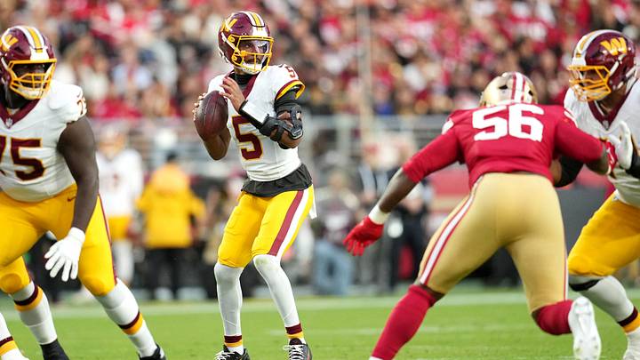 Oct 19, 2026; Santa Clara, California, USA; Washington Commanders quarterback Jayden Daniels (5) looks to pass during the second quarter against the San Francisco 49ers at Levi's Stadium. Mandatory Credit: Cary Edmondson-Imagn Images Oct 19, 2026; Santa Clara, California, USA; Washington Commanders quarterback Jayden Daniels (5) looks to pass during the second quarter against the San Francisco 49ers at Levi's Stadium. Mandatory Credit: Cary Edmondson-Imagn Images