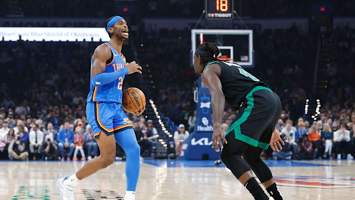 Jan 2, 2024; Oklahoma City, Oklahoma, USA; Oklahoma City Thunder guard Shai Gilgeous-Alexander (2) yells to his team on a play against the Boston Celtics during the first quarter at Paycom Center. Mandatory Credit: Alonzo Adams-Imagn Images Jan 2, 2024; Oklahoma City, Oklahoma, USA; Oklahoma City Thunder guard Shai Gilgeous-Alexander (2) yells to his team on a play against the Boston Celtics during the first quarter at Paycom Center. Mandatory Credit: Alonzo Adams-Imagn Images