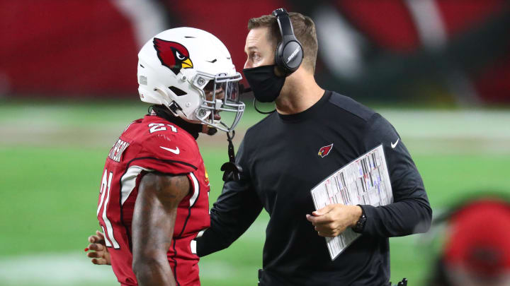 Dec 20, 2020; Glendale, Arizona, USA; Arizona Cardinals cornerback Patrick Peterson (21) and head coach Kliff Kingsbury against the Philadelphia Eagles at State Farm Stadium. Mandatory Credit: Mark J. Rebilas-USA TODAY Sports