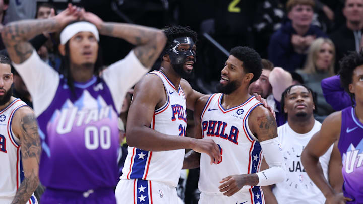 Dec 28, 2024; Salt Lake City, Utah, USA; Philadelphia 76ers center Joel Embiid (21) and forward Paul George (8) react to a play against the Utah Jazz during the fourth quarter at Delta Center. Mandatory Credit: Rob Gray-Imagn Images Dec 28, 2024; Salt Lake City, Utah, USA; Philadelphia 76ers center Joel Embiid (21) and forward Paul George (8) react to a play against the Utah Jazz during the fourth quarter at Delta Center. Mandatory Credit: Rob Gray-Imagn Images