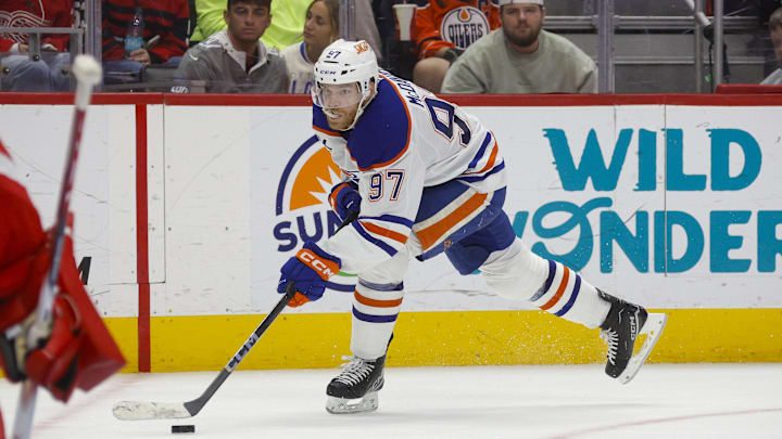 Oct 27, 2024; Detroit, Michigan, USA; Edmonton Oilers center Connor McDavid (97) handles the puck during the third period of the game against the Detroit Red Wings at Little Caesars Arena. Mandatory Credit: Brian Bradshaw Sevald-Imagn Images Oct 27, 2024; Detroit, Michigan, USA; Edmonton Oilers center Connor McDavid (97) handles the puck during the third period of the game against the Detroit Red Wings at Little Caesars Arena. Mandatory Credit: Brian Bradshaw Sevald-Imagn Images
