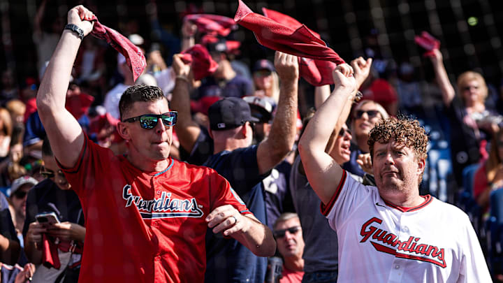 Cleveland Guardians fans cheer on against Detroit Tigers ahead of Game 3 of AL wild-card series at Progressive Field in Cleveland on Thursday, Oct. 2, 2025.
