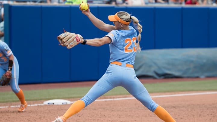 Jun 2, 2025; Oklahoma City, OK, USA; Tennessee Lady Volunteers pitcher Karlyn Pickens (23) throws a pitch in the fifth inning against the Texas Longhorns during the NCAA Softball Women's College World Series semifinal game at Devon Park. Mandatory Credit: Brett Rojo-Imagn Images Jun 2, 2025; Oklahoma City, OK, USA; Tennessee Lady Volunteers pitcher Karlyn Pickens (23) throws a pitch in the fifth inning against the Texas Longhorns during the NCAA Softball Women's College World Series semifinal game at Devon Park. Mandatory Credit: Brett Rojo-Imagn Images