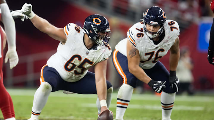 Nov 3, 2024; Glendale, Arizona, USA; Chicago Bears center Coleman Shelton (65). Mandatory Credit: Mark J. Rebilas-Imagn Images