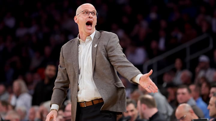 Mar 13, 2025; New York, NY, USA; Connecticut Huskies head coach Dan Hurley reacts during the first half against the Villanova Wildcats at Madison Square Garden. Mandatory Credit: Brad Penner-Imagn Images