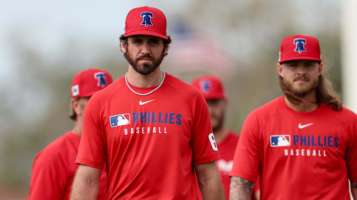 Feb 19, 2025; Clearwater, FL, USA; Philadelphia Phillies pitcher Jordan Romano (68) participates in spring training workouts at BayCare Ballpark. Feb 19, 2025; Clearwater, FL, USA; Philadelphia Phillies pitcher Jordan Romano (68) participates in spring training workouts at BayCare Ballpark.