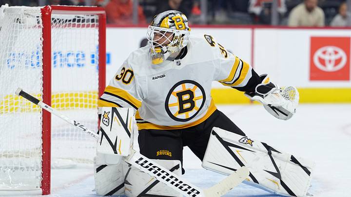 Sep 24, 2026; Philadelphia, Pennsylvania, USA; Boston Bruins goaltender Michael DiPietro (30) in action against the Philadelphia Flyers in the second period at Xfinity Mobile Arena. Mandatory Credit: Kyle Ross-Imagn Images