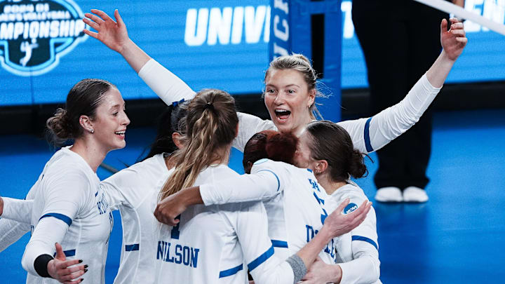 Kentucky's Erin Lamb (13) celebrated a point against Cleveland State with teammates during the NCAA Women's Volleyball Tournament at Memorial Coliseum in Lexington, Ky. on Dec. 5, 2024.