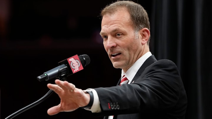 Mar 18, 2024; Columbus, OH, USA; Ohio State   s incoming athletic director Ross Bjork speaks during the introductory press conference for basketball head coach Jake Diebler at Value City Arena.