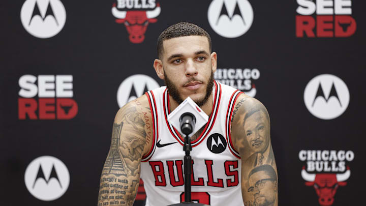 Chicago Bulls guard Lonzo Ball (2) speaks to the press during Media Day. 