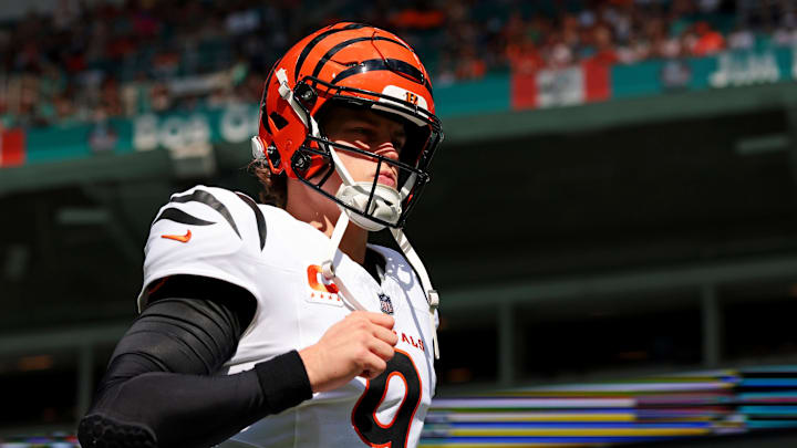 Dec 21, 2025; Miami Gardens, Florida, USA; Cincinnati Bengals quarterback Joe Burrow (9) enters the field before the game against the Miami Dolphins at Hard Rock Stadium. Mandatory Credit: Sam Navarro-Imagn Images