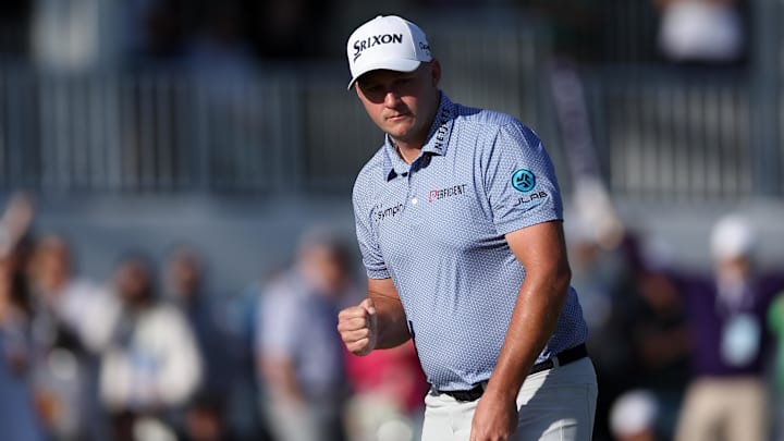 Sepp Straka pumps his first after his par on the 18th hole during the third round of the 2025 Truist Championship.