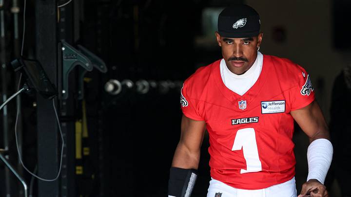 Philadelphia Eagles quarterback Jalen Hurts (1) walks out of a weight room for the start of training camp at Jefferson Health Training Complex. Mandatory Credit: Bill Streicher-Imagn Images Philadelphia Eagles quarterback Jalen Hurts (1) walks out of a weight room for the start of training camp at Jefferson Health Training Complex. Mandatory Credit: Bill Streicher-Imagn Images