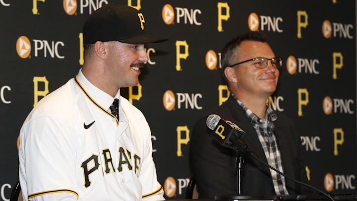 Pittsburgh Pirates pitcher Paul Skenes (left) speaks at a press conference as Pirates general manager Ben Cherington (right) listens before the Pirates play the Cleveland Guardians at PNC Park. Skenes was the Pirates first-round pick and the No. 1 pick in the 2023 MLB first-year player draft. 