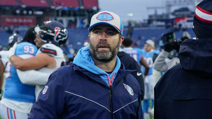 Tennessee Titans head coach Brian Callahan leaves the field after the game with the Houston Texans at Nissan Stadium in Nashville, Tenn., Sunday, Jan. 5, 2025.