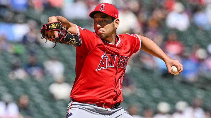 Apr 26, 2025; Minneapolis, Minnesota, USA; Los Angeles Angels pitcher Yusei Kikuchi (16) throws a pitch against the Minnesota Twins during the first inning at Target Field. Mandatory Credit: Jeffrey Becker-Imagn Images