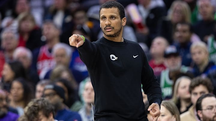 Boston Celtics head coach Joe Mazzulla reacts during the second quarter against the Philadelphia 76ers at Wells Fargo Center.