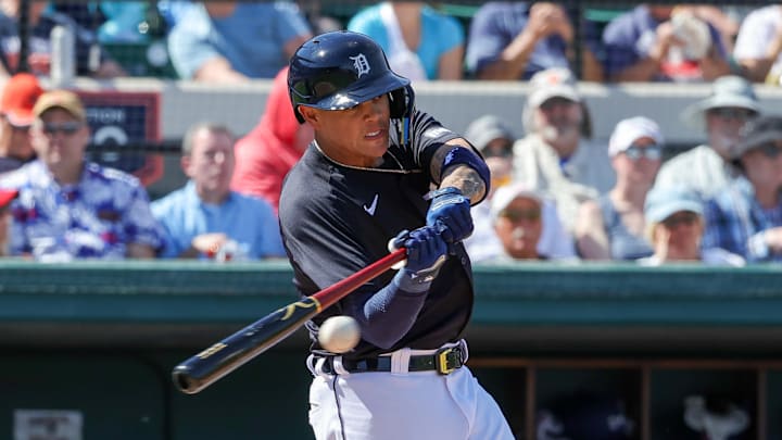 Feb 27, 2024; Lakeland, Florida, USA; Detroit Tigers third baseman Gio Urshela (13) bats during the