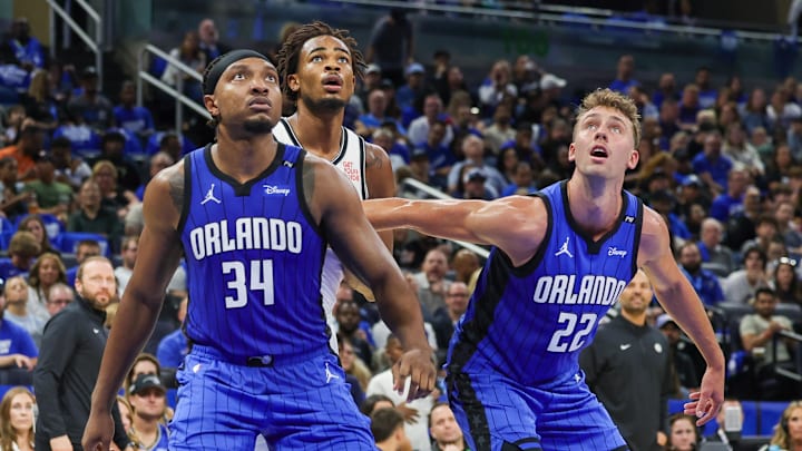 Orlando's Franz Wagner (right) led the Magic in scoring on Friday night in their home-opening win against the Brooklyn Nets.