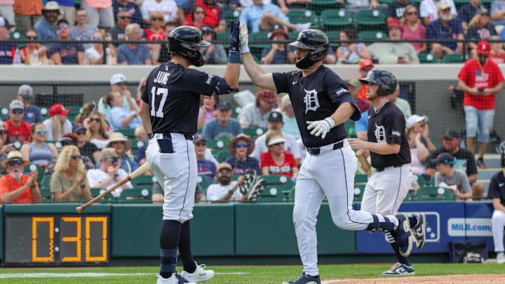 Feb 27, 2025; Lakeland, Florida, USA; Detroit Tigers catcher Jake Rogers (34) celebrates with third baseman Jace Jung (17) after hitting a home run during the fourth inning against the Boston Red Sox at Publix Field at Joker Marchant Stadium.