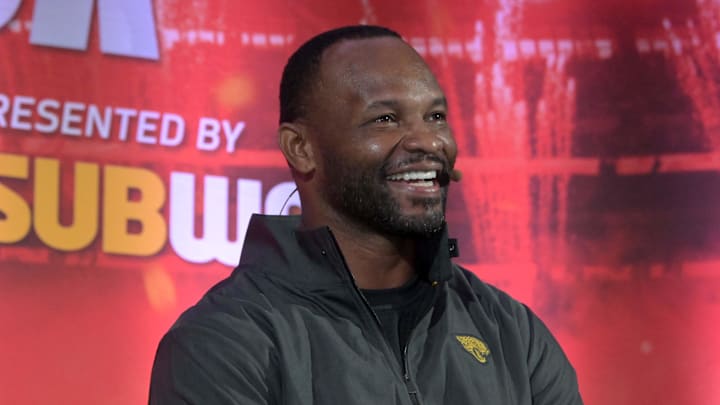 Oct 27, 2018; London, United Kingdom; Jacksonville Jaguars former running back Fred Taylor at NFL UK Live at The Drum at Wembley. Mandatory Credit: Kirby Lee-Imagn Images