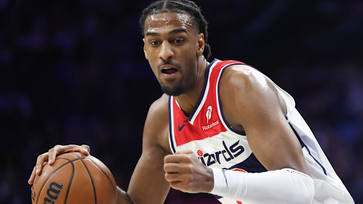Jan 7, 2026; Philadelphia, Pennsylvania, USA; Washington Wizards center Alex Sarr (20) dribbles the ball against the Philadelphia 76ers during the first quarter at Xfinity Mobile Arena. Mandatory Credit: Bill Streicher-Imagn Images