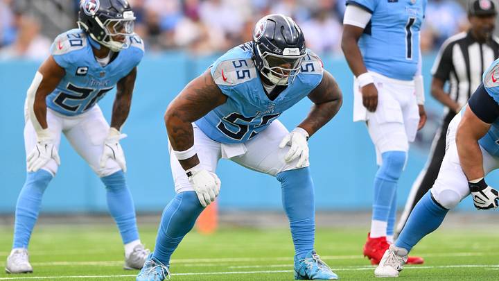 Dec 28, 2025; Nashville, Tennessee, USA;  Tennessee Titans offensive tackle JC Latham (55) in his stance against the New Orleans Saints during the first half at Nissan Stadium. Mandatory Credit: Steve Roberts-Imagn Images