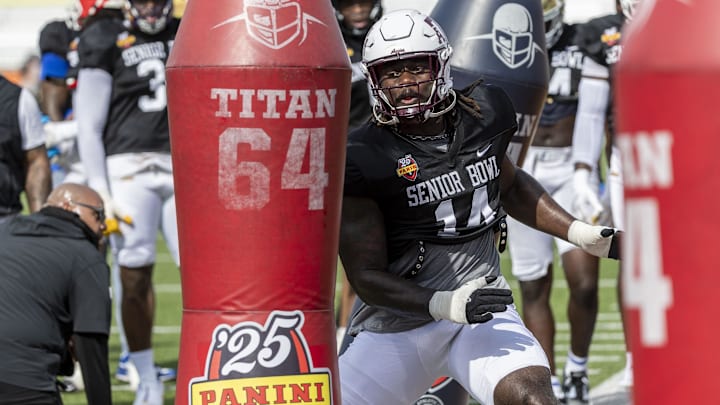 Shemar Stewart of Texas A&M works in drills during Senior Bowl practice. Shemar Stewart of Texas A&M works in drills during Senior Bowl practice.