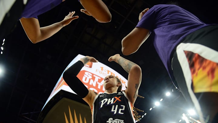 Oct 10, 2021; Phoenix, Arizona, USA; Phoenix Mercury center Brittney Griner (42) is introduced during the first half of game one of the 2021 WNBA Finals against the Chicago Sky at Footprint Center. Mandatory Credit: Joe Camporeale-Imagn Images Oct 10, 2021; Phoenix, Arizona, USA; Phoenix Mercury center Brittney Griner (42) is introduced during the first half of game one of the 2021 WNBA Finals against the Chicago Sky at Footprint Center. Mandatory Credit: Joe Camporeale-Imagn Images