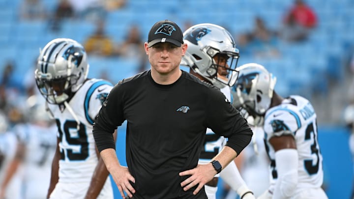 Carolina Panthers offensive coordinator Joe Brady before the game at Bank of America Stadium