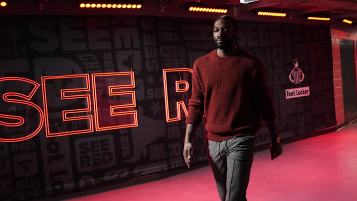 Feb 8, 2025; Chicago, Illinois, USA; Chicago Bulls forward Patrick Williams (44) enters the United Center before the game against the Golden State Warriors. Mandatory Credit: David Banks-Imagn Images