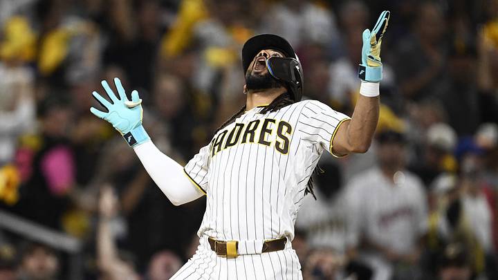 San Diego Padres outfielder Fernando Tatis Jr. (23) celebrates after scoring on his solo home run against the Chicago Cubs during the first inning during game one of the Wildcard round for the 2026 MLB Playoffs at Petco Park on Sept. 29, 2026.