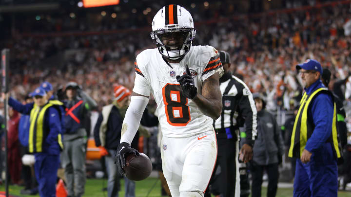 Dec 28, 2023; Cleveland, Ohio, USA; Cleveland Browns wide receiver Elijah Moore (8) celebrates after a touchdown during the first half against the New York Jets at Cleveland Browns Stadium. Mandatory Credit: Scott Galvin-USA TODAY Sports