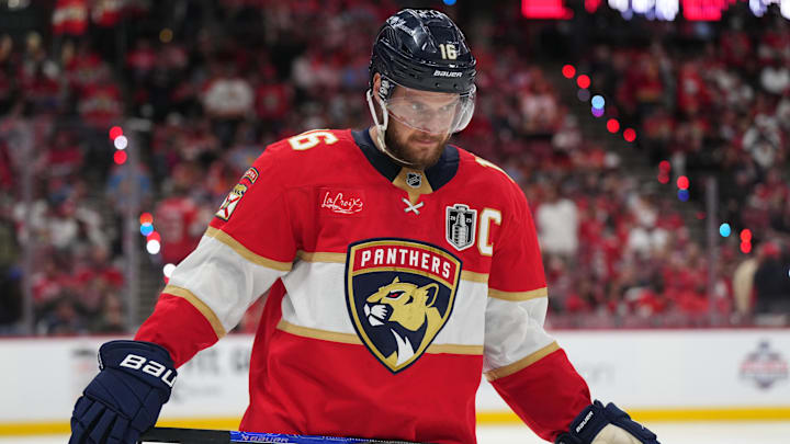 Aleksander Barkov during the third period against the Edmonton Oilers in game four of the 2025 Stanley Cup Final at Amerant Bank Arena. Mandatory Credit: Jim Rassol-Imagn Images