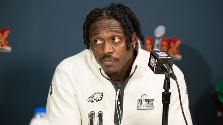 Feb 5, 2025; New Orleans, LA, USA; Philadelphia Eagles wide receiver A.J. Brown speaks with the media during a press conference at Hilton New Orleans Riverside. Mandatory Credit: Bill Streicher-Imagn Images