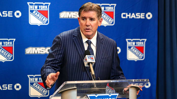 Mar 16, 2025; New York, New York, USA; New York Rangers head coach Peter Laviolette speaks to the media after a 3-1 loss to the Edmonton Oilers at Madison Square Garden. Mandatory Credit: Danny Wild-Imagn Images