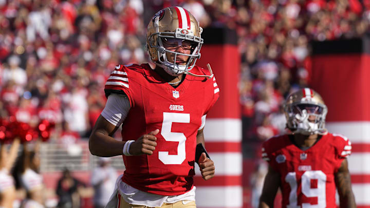 Sep 9, 2024; Santa Clara, California, USA; San Francisco 49ers quarterback Joshua Dobbs (5) before the game against the New York Jets at Levi's Stadium. Mandatory Credit: Darren Yamashita-Imagn Images