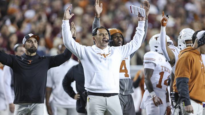 Nov 30, 2024; College Station, Texas, USA; Texas Longhorns head coach Steve Sarkisian Nov 30, 2024; College Station, Texas, USA; Texas Longhorns head coach Steve Sarkisian