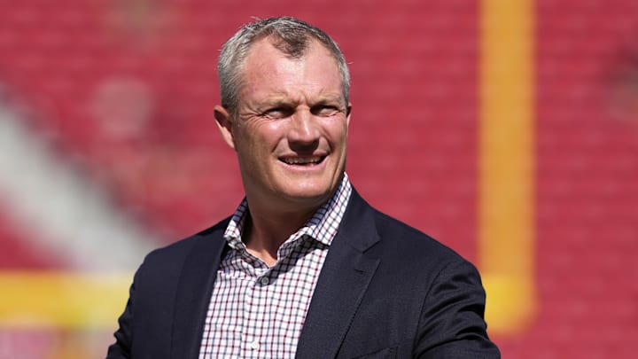 Oct 6, 2024; Santa Clara, California, USA; San Francisco 49ers general manager John Lynch walks on the field before the game against the Arizona Cardinals at Levi's Stadium.