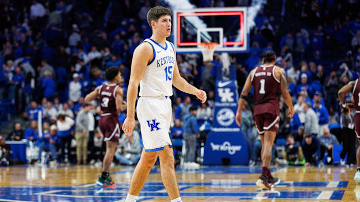Jan 17, 2024; Lexington, Kentucky, USA; Kentucky Wildcats guard Reed Sheppard (15) walks off the