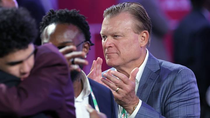 Jun 25, 2025; Brooklyn, NY, USA;  Illinois Fighting Illini mens basketball head coach Brad Underwood reacts after Will Riley is selected as the 21st pick by the Utah Jazz in the first round of the 2025 NBA Draft at Barclays Center. Mandatory Credit: Brad Penner-Imagn Images