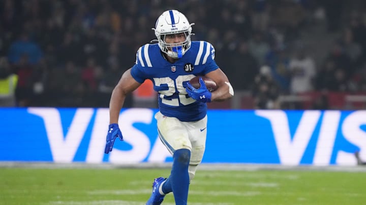 Nov 9, 2025; Berlin, Germany; Indianapolis Colts running back Jonathan Taylor (28) runs the ball against the Atlanta Falcons during the NFL Berlin Game at Olympic Stadium. 