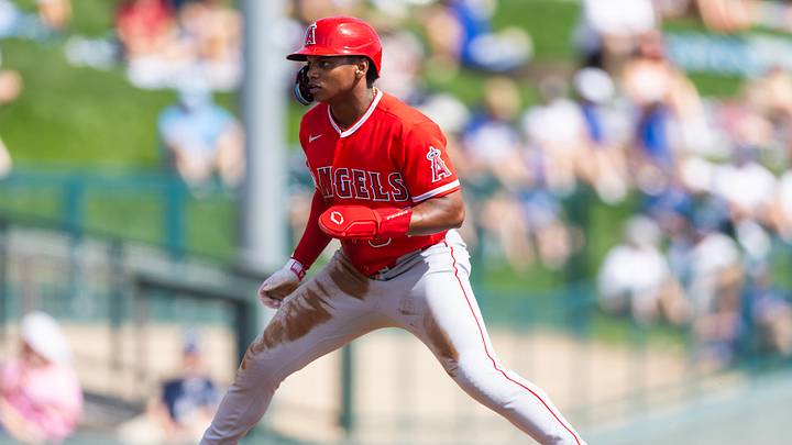 Mar 1, 2026; Phoenix, Arizona, USA; Los Angeles Angels outfielder Nelson Rada against the Los Angeles Dodgers during a spring training game at Camelback Ranch-Glendale. Mandatory Credit: Mark J. Rebilas-Imagn Images