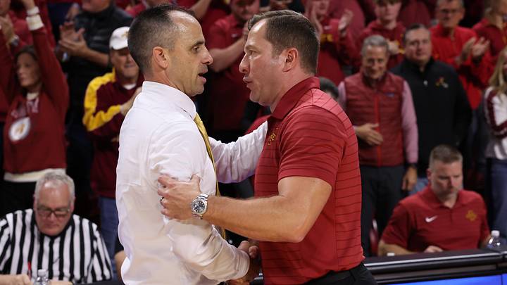 Dec 11, 2025; Ames, Iowa, USA; Iowa State Cyclones head coach T.J. Otzelberger greets Iowa Hawkeyes head coach Ben McCollum after the game at James H. Hilton Coliseum. Mandatory Credit: Reese Strickland-Imagn Images Dec 11, 2025; Ames, Iowa, USA; Iowa State Cyclones head coach T.J. Otzelberger greets Iowa Hawkeyes head coach Ben McCollum after the game at James H. Hilton Coliseum. Mandatory Credit: Reese Strickland-Imagn Images