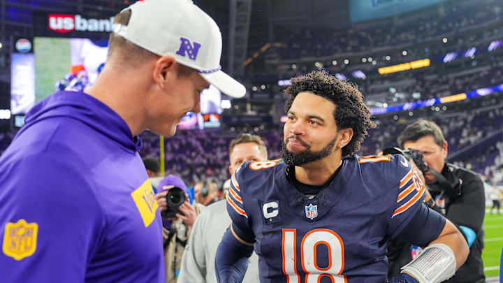 Vikings coach Kevin O'Connell and Bears QB Caleb Williams meet after the Vikings' victory in Minnesota.