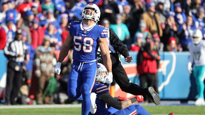 Bills linebacker Matt Milano celebrates one of four sacks of Miami   s Skylar Thompson.