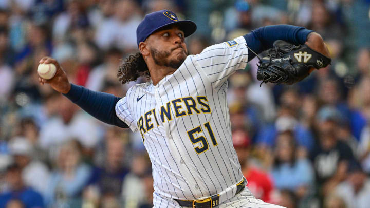 Sep 28, 2025; Milwaukee, Wisconsin, USA; Milwaukee Brewers starting pitcher Freddy Peralta (51) throws against the Cincinnati Reds in the first inning at American Family Field. Mandatory Credit: Benny Sieu-Imagn Images Sep 28, 2025; Milwaukee, Wisconsin, USA; Milwaukee Brewers starting pitcher Freddy Peralta (51) throws against the Cincinnati Reds in the first inning at American Family Field. Mandatory Credit: Benny Sieu-Imagn Images