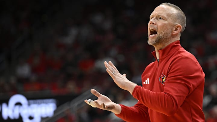 Nov 24, 2025; Louisville, Kentucky, USA;  Louisville Cardinals head coach Pat Kelsey reacts during the second half against the Eastern Michigan Eagles at KFC Yum! Center. Louisville defeated Eastern Michigan 87-46. Mandatory Credit: Jamie Rhodes-Imagn Images