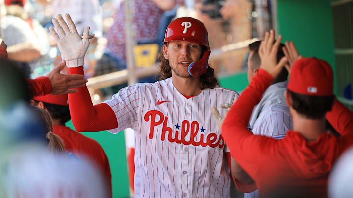 Mar 4, 2026; Clearwater, FL, USA; Philadelphia Phillies third baseman Alec Bohm (28) is congratulated after he hit a home run during the fourth inning against Team Canada at BayCare Ballpark. Mandatory Credit: Kim Klement Neitzel-Imagn Images Mar 4, 2026; Clearwater, FL, USA; Philadelphia Phillies third baseman Alec Bohm (28) is congratulated after he hit a home run during the fourth inning against Team Canada at BayCare Ballpark. Mandatory Credit: Kim Klement Neitzel-Imagn Images